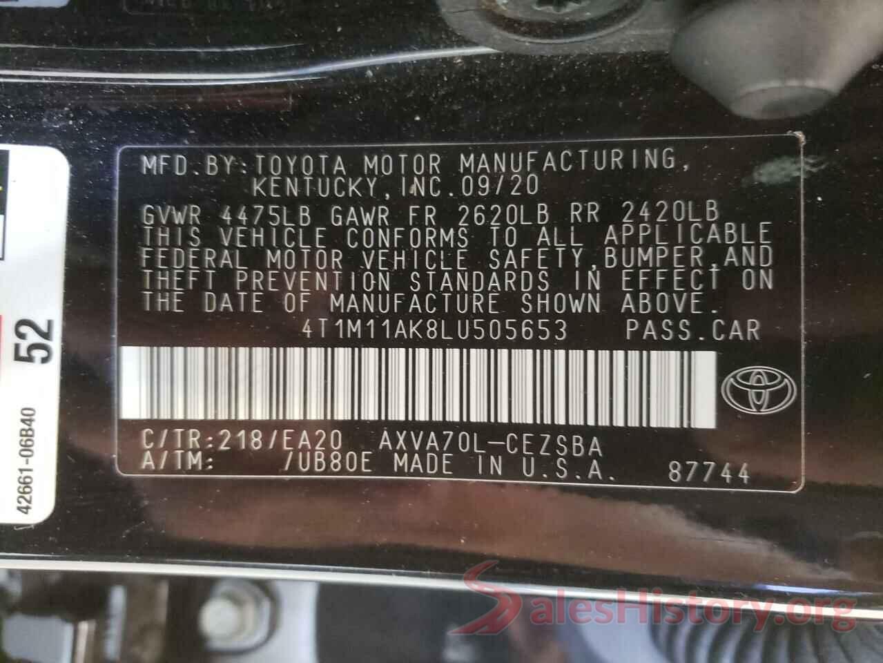 4T1M11AK8LU505653 2020 TOYOTA CAMRY