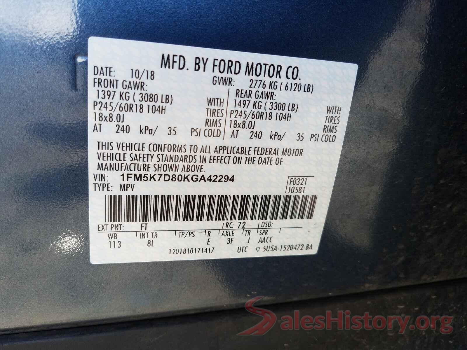 1FM5K7D80KGA42294 2019 FORD EXPLORER