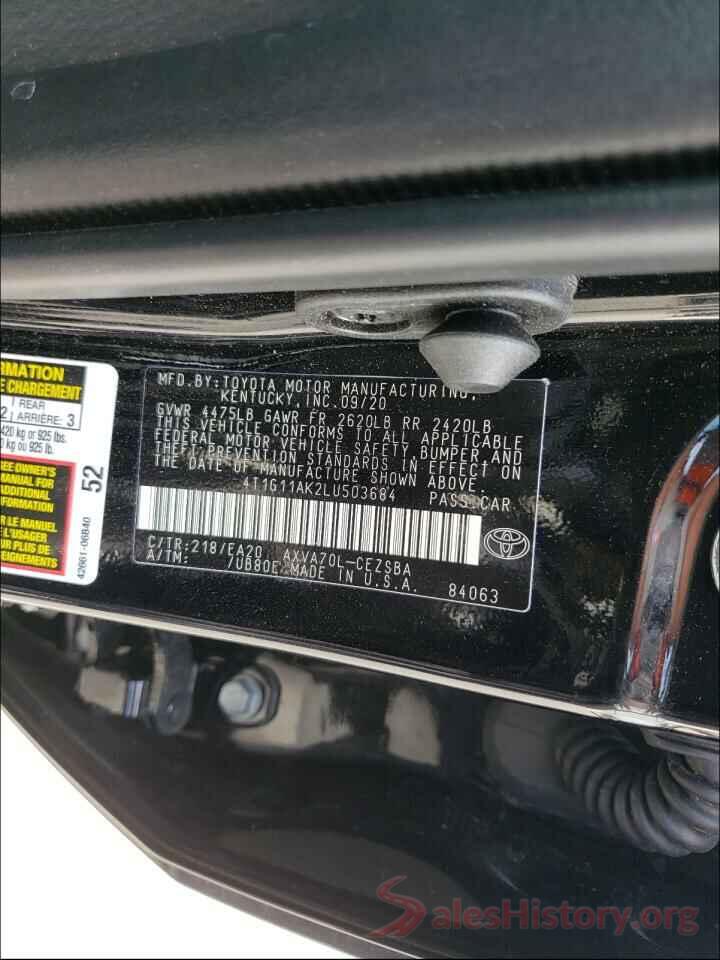 4T1G11AK2LU503684 2020 TOYOTA CAMRY