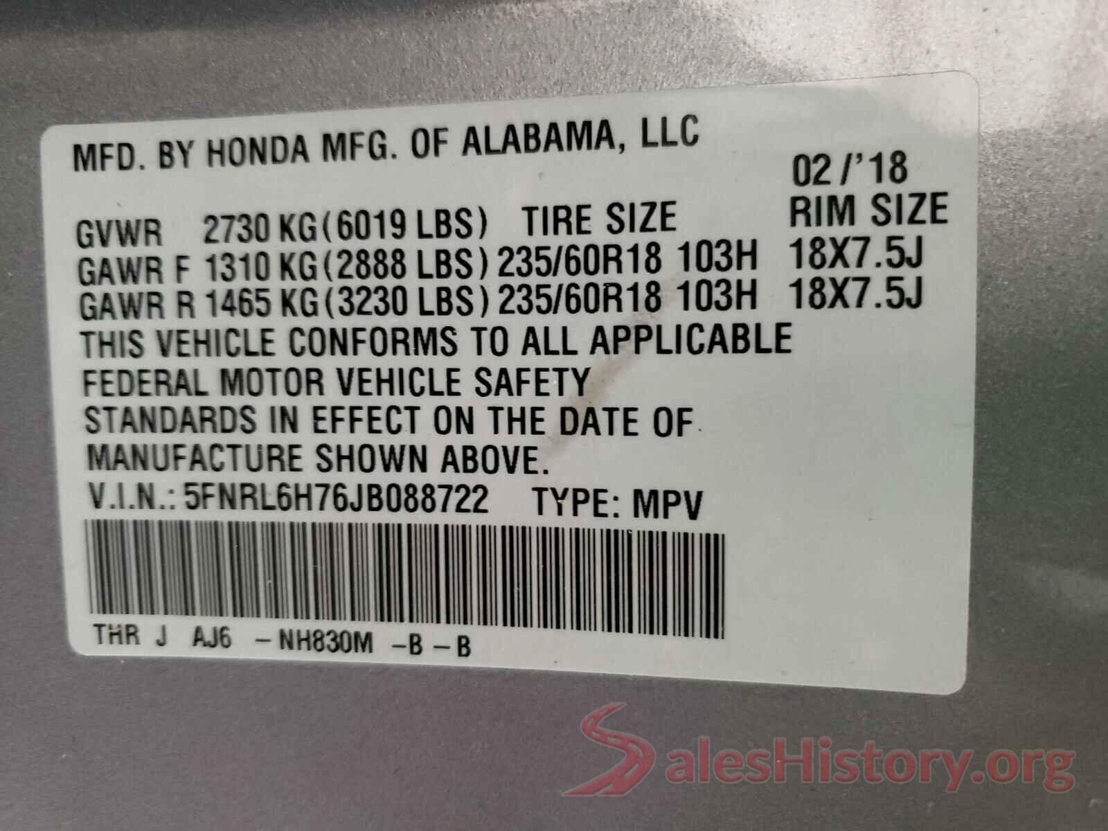 5FNRL6H76JB088722 2018 HONDA ODYSSEY