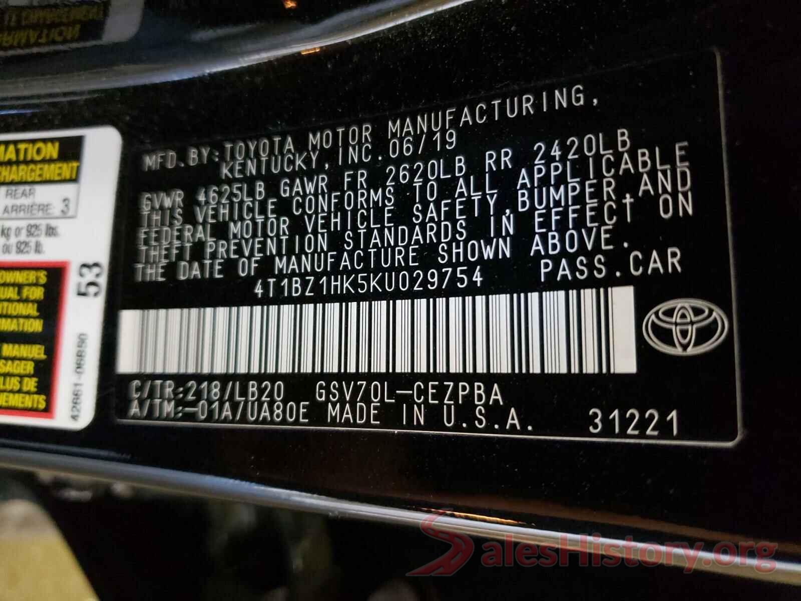 4T1BZ1HK5KU029754 2019 TOYOTA CAMRY