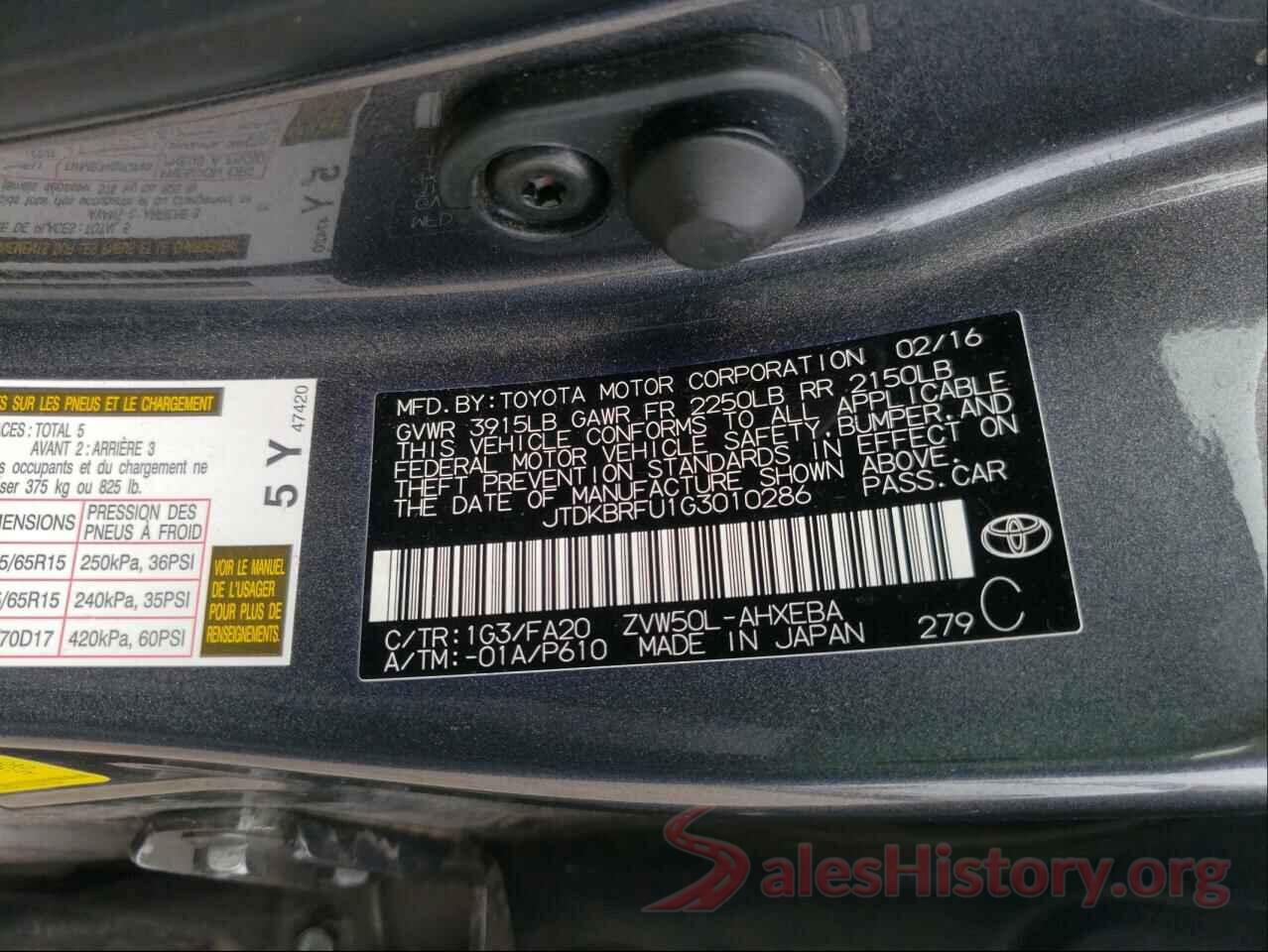 JTDKBRFU1G3010286 2016 TOYOTA PRIUS