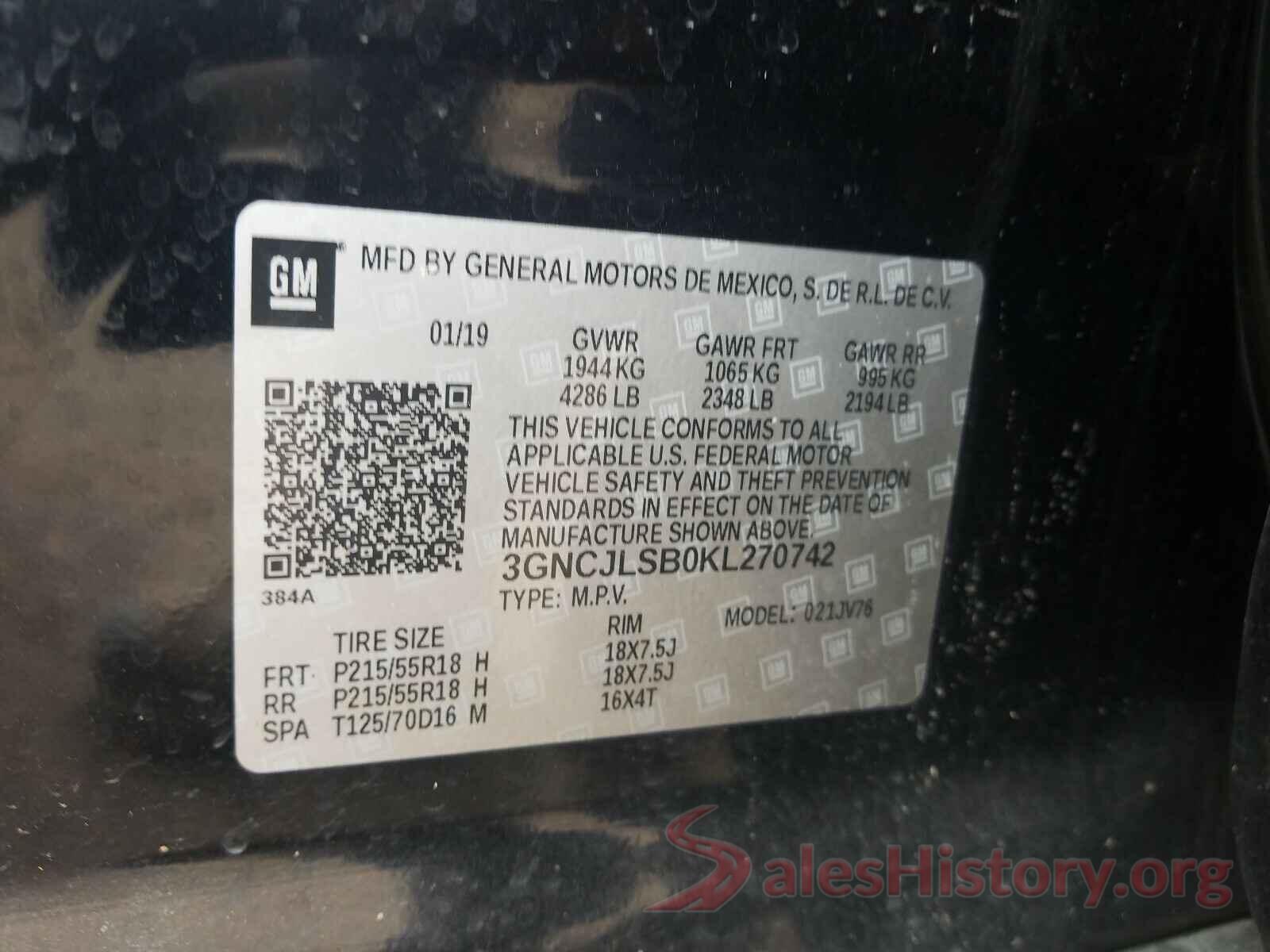 3GNCJLSB0KL270742 2019 CHEVROLET TRAX