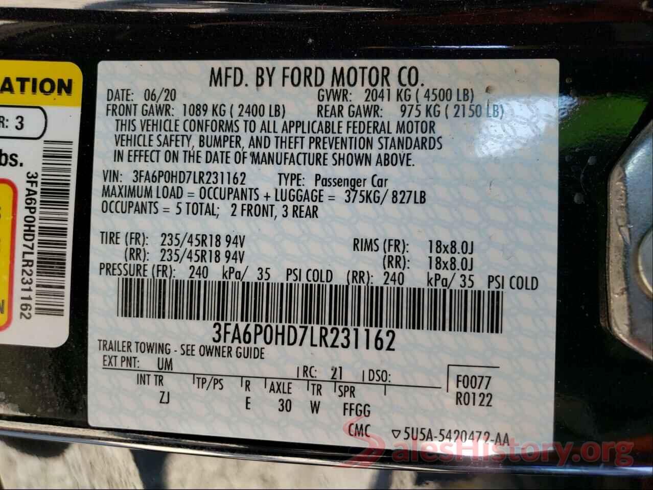 3FA6P0HD7LR231162 2020 FORD FUSION