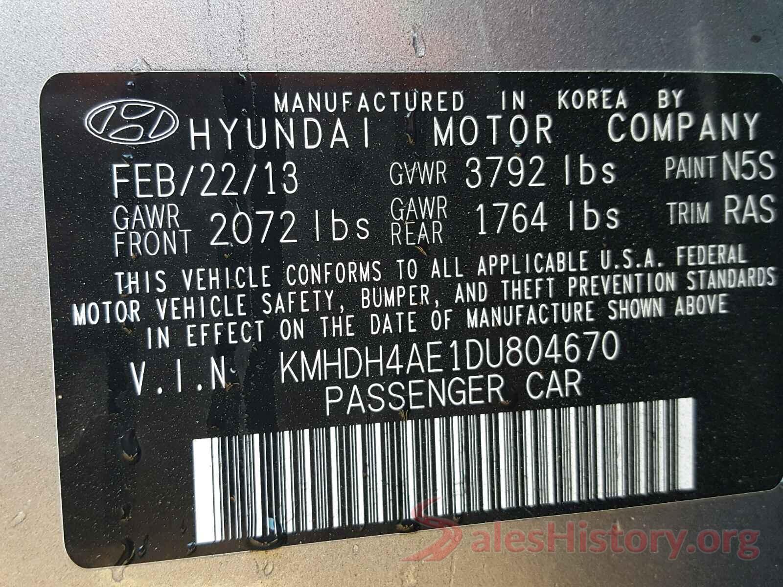 KMHDH4AE1DU804670 2013 HYUNDAI ELANTRA