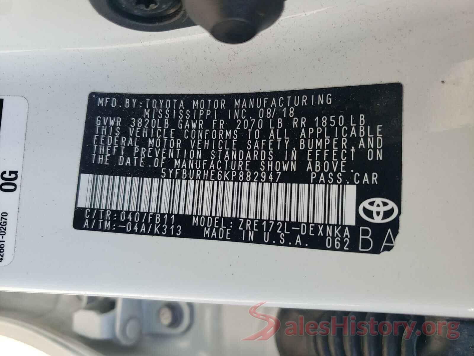 5YFBURHE6KP882947 2019 TOYOTA COROLLA