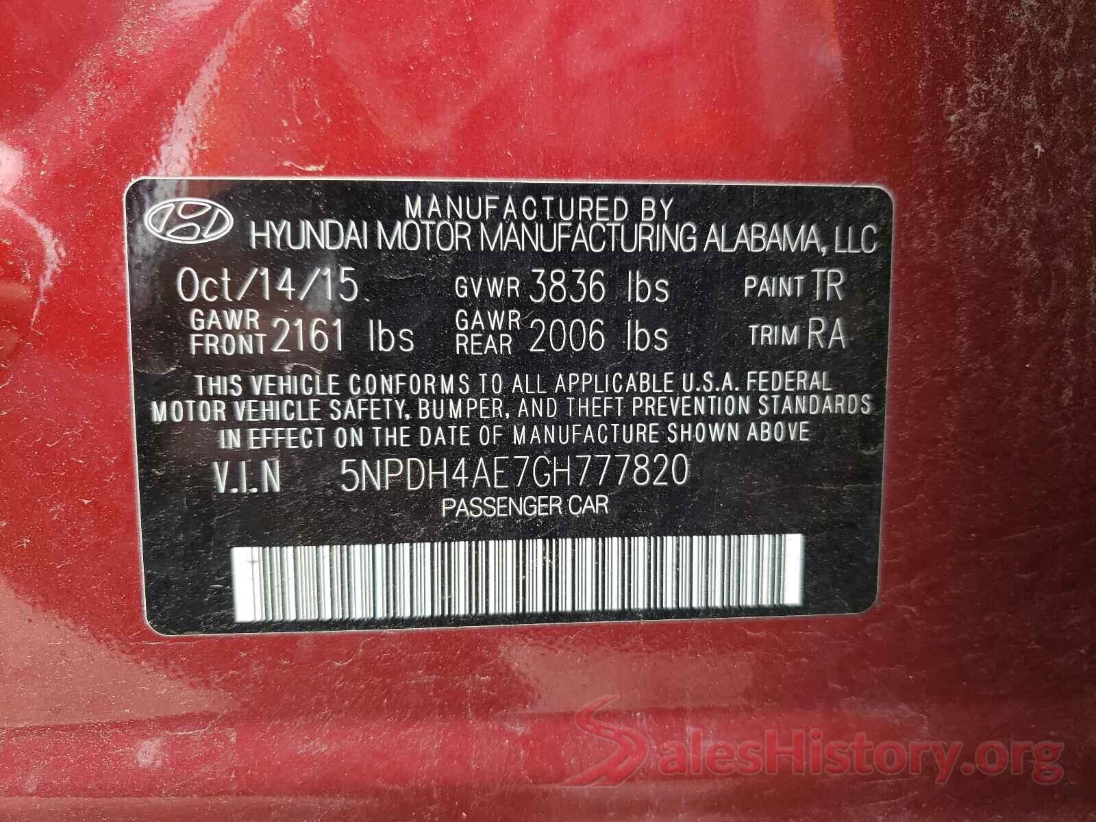 5NPDH4AE7GH777820 2016 HYUNDAI ELANTRA