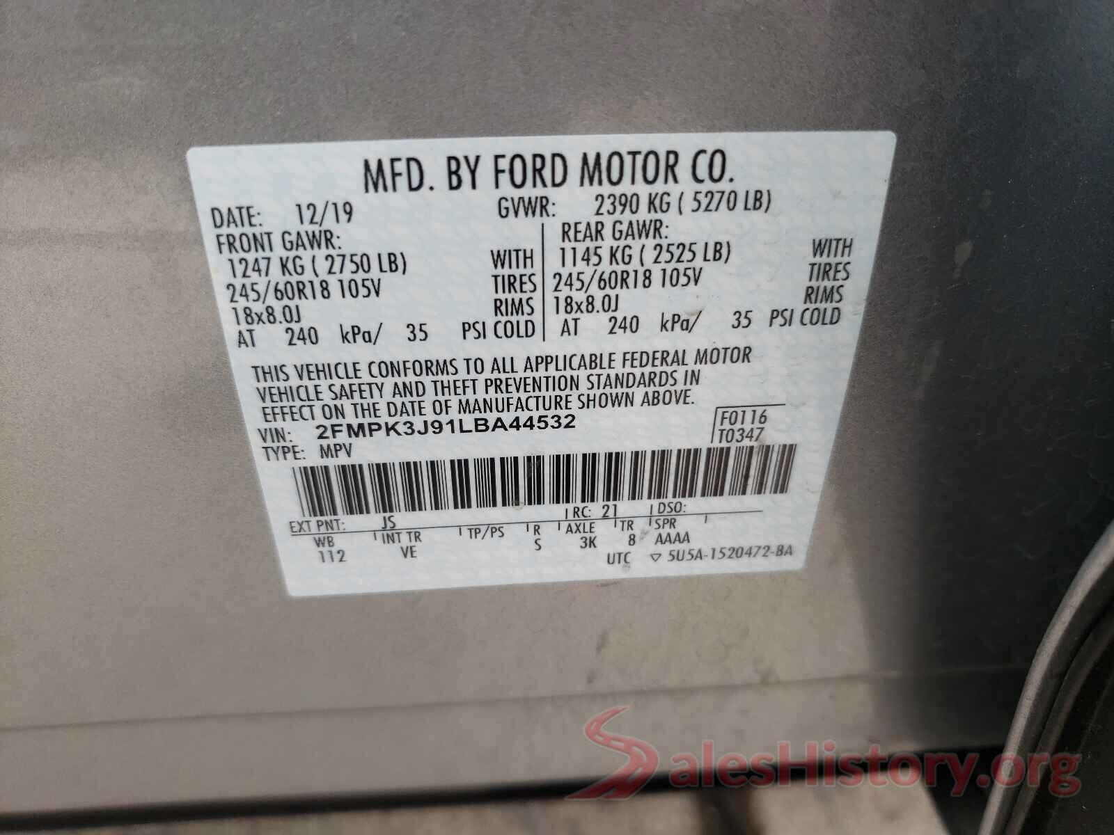 2FMPK3J91LBA44532 2020 FORD EDGE