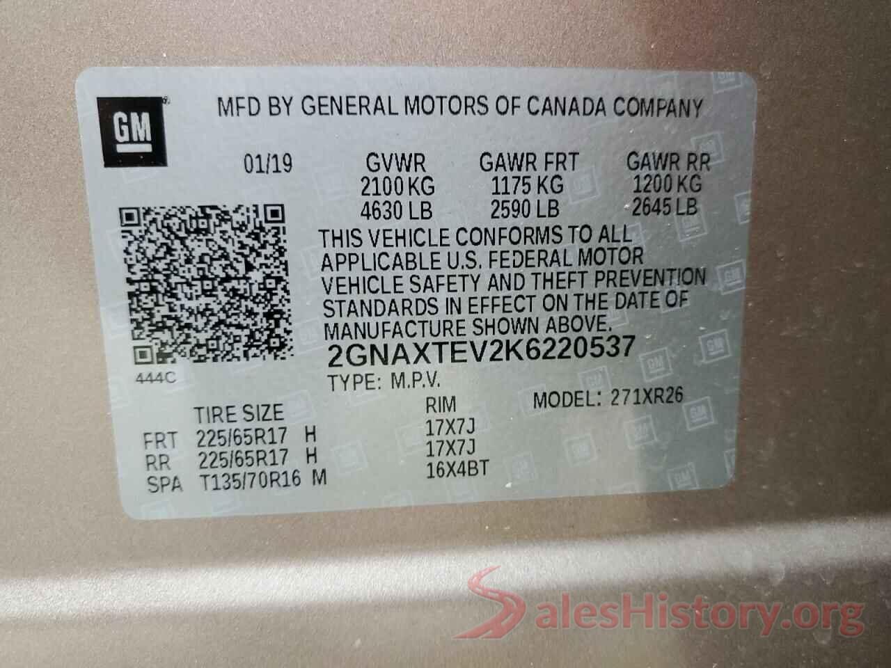 2GNAXTEV2K6220537 2019 CHEVROLET EQUINOX