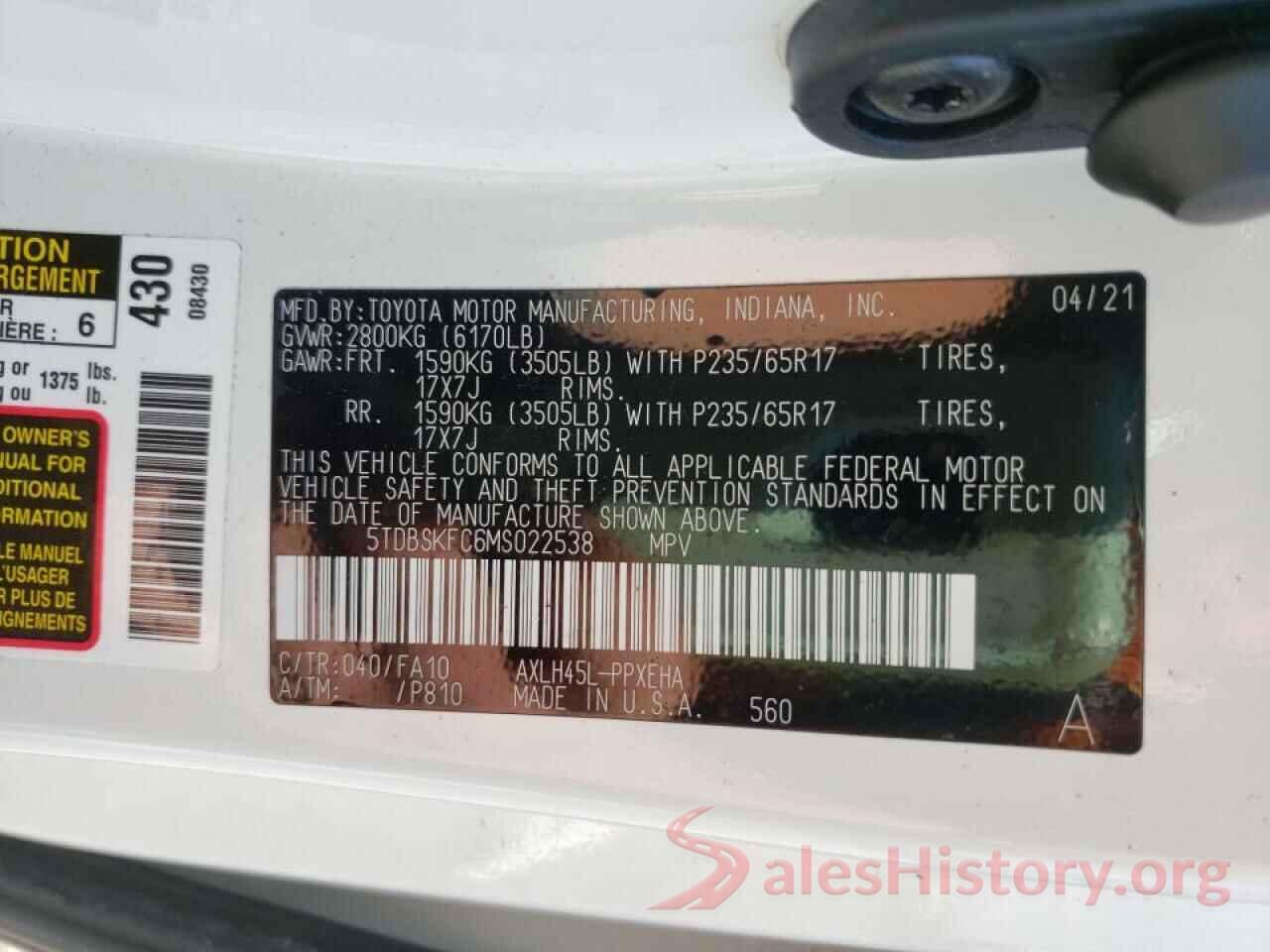 5TDBSKFC6MS022538 2021 TOYOTA SIENNA