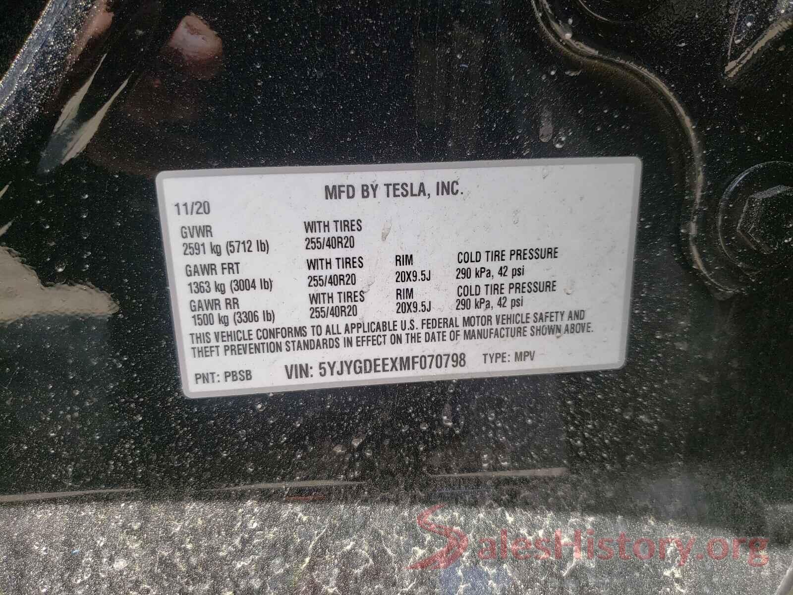 5YJYGDEEXMF070798 2021 TESLA MODEL Y