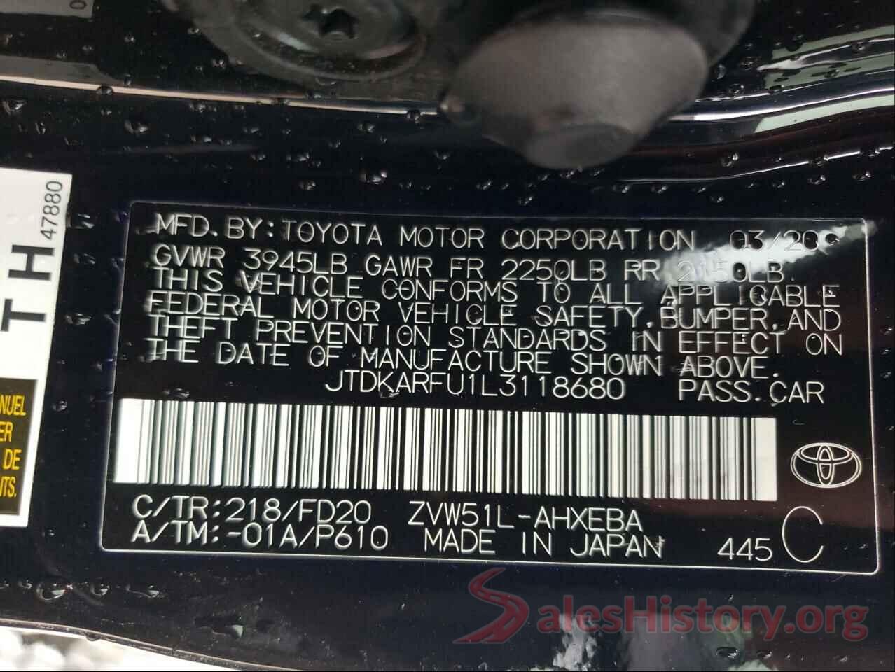 JTDKARFU1L3118680 2020 TOYOTA PRIUS