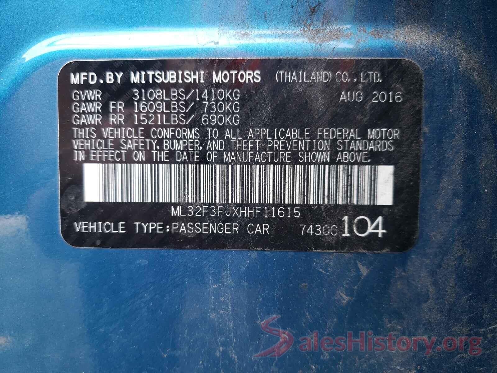 ML32F3FJXHHF11615 2017 MITSUBISHI MIRAGE