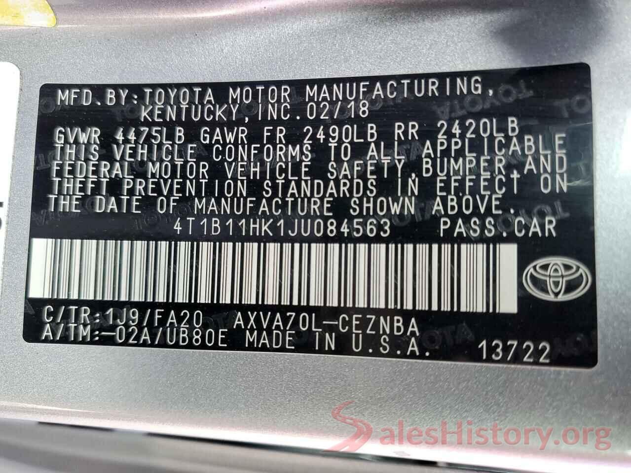 4T1B11HK1JU084563 2018 TOYOTA CAMRY