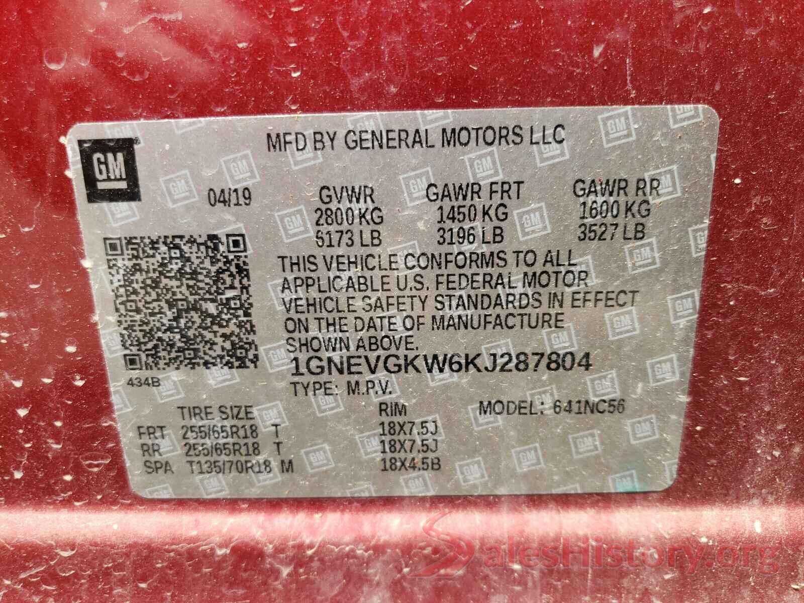 1GNEVGKW6KJ287804 2019 CHEVROLET TRAVERSE