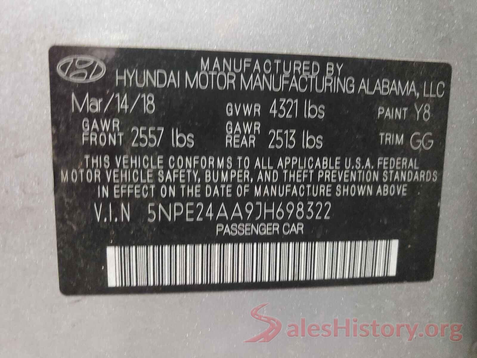 5NPE24AA9JH698322 2018 HYUNDAI SONATA