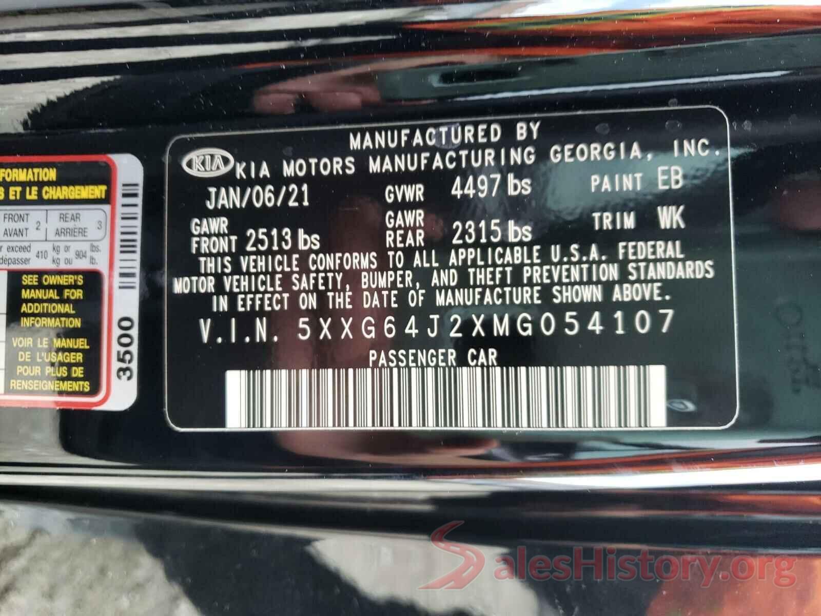 5XXG64J2XMG054107 2021 KIA K5