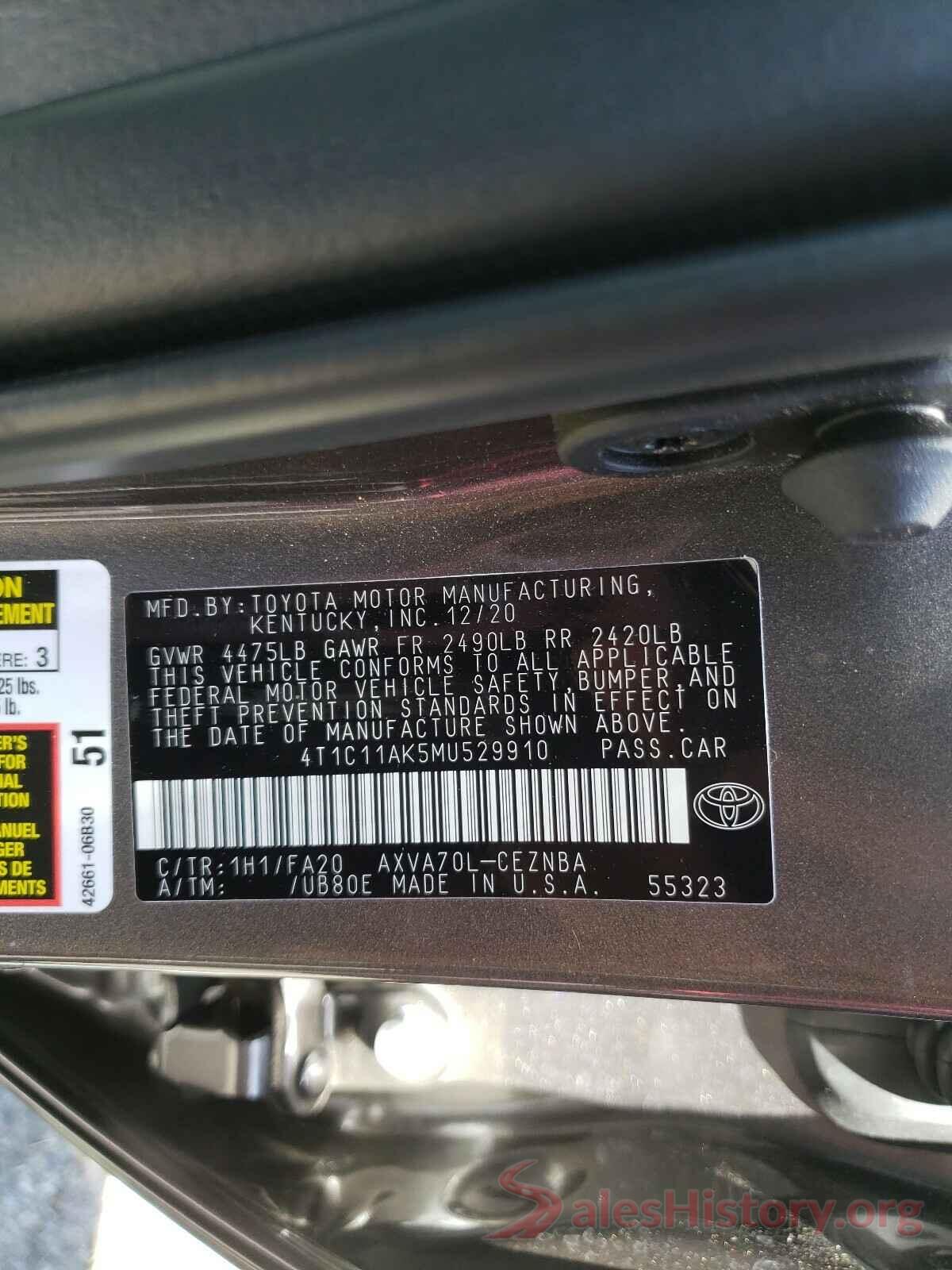 4T1C11AK5MU529910 2021 TOYOTA CAMRY