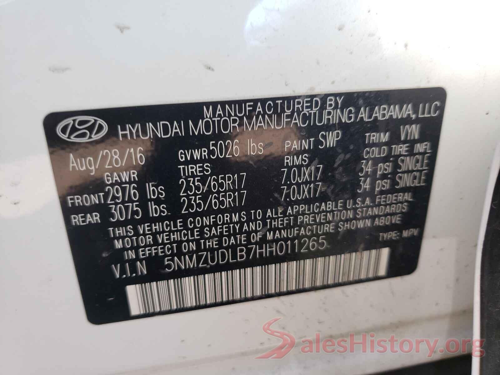 5NMZUDLB7HH011265 2017 HYUNDAI SANTA FE