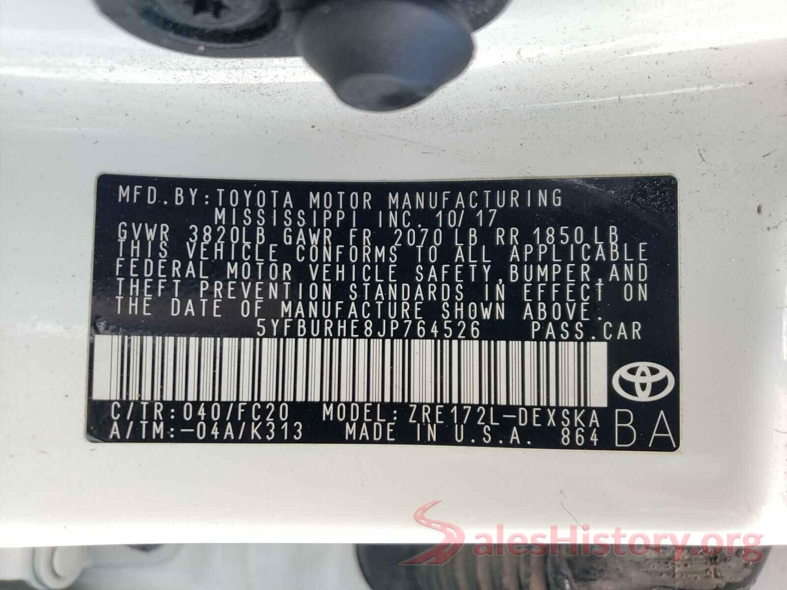 5YFBURHE8JP764526 2018 TOYOTA COROLLA