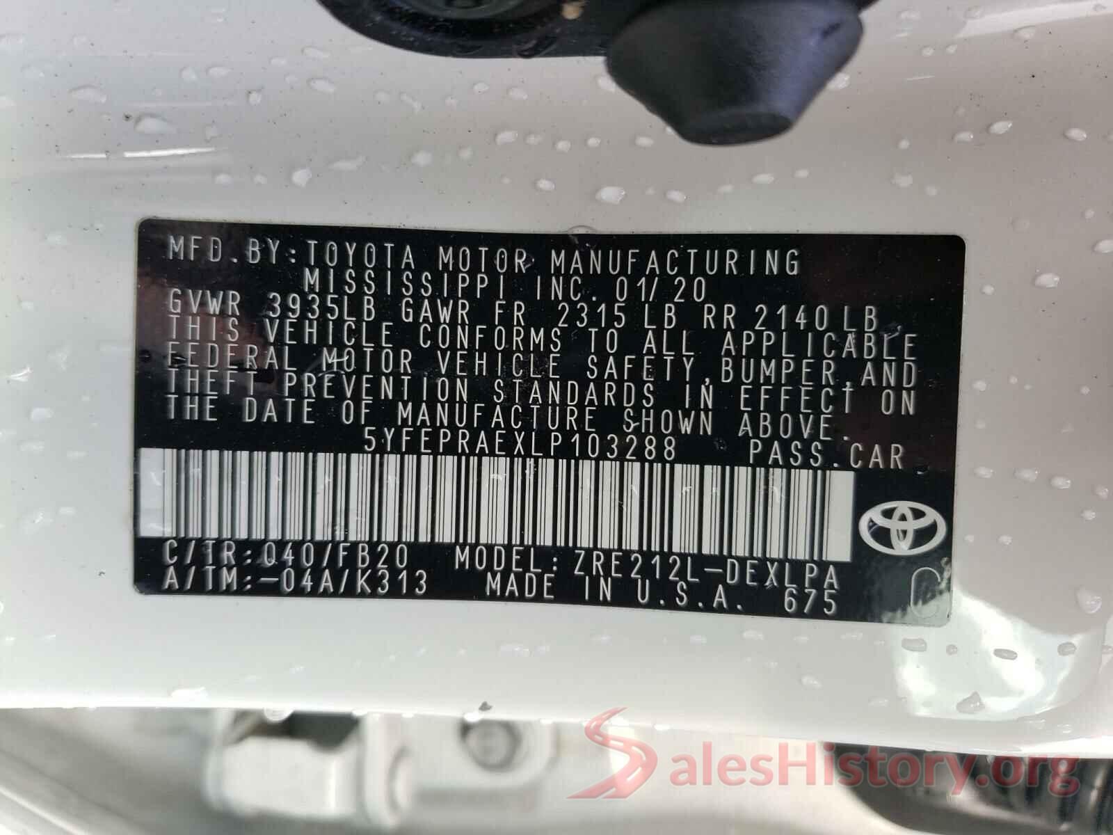 5YFEPRAEXLP103288 2020 TOYOTA COROLLA