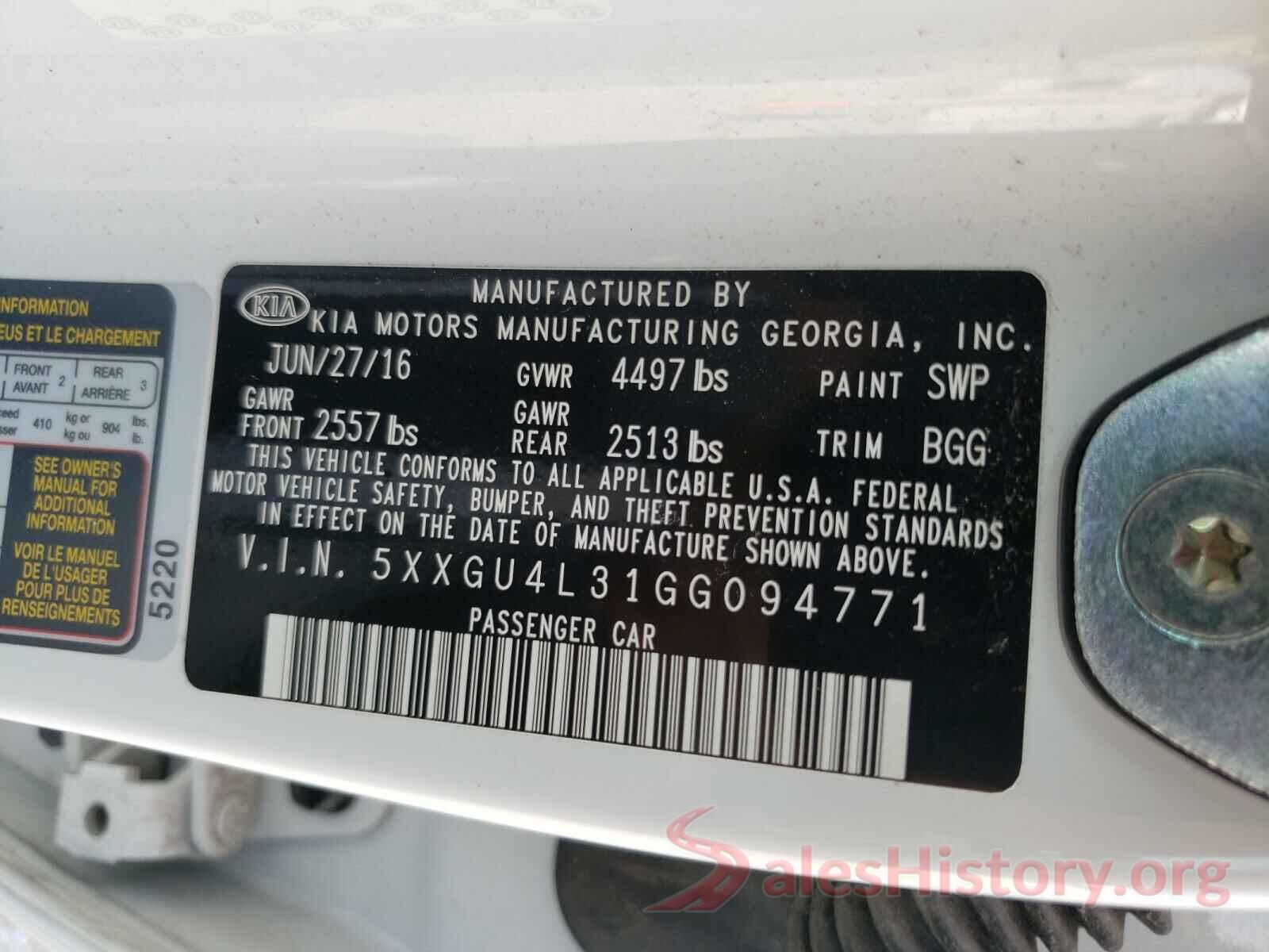 5XXGU4L31GG094771 2016 KIA OPTIMA