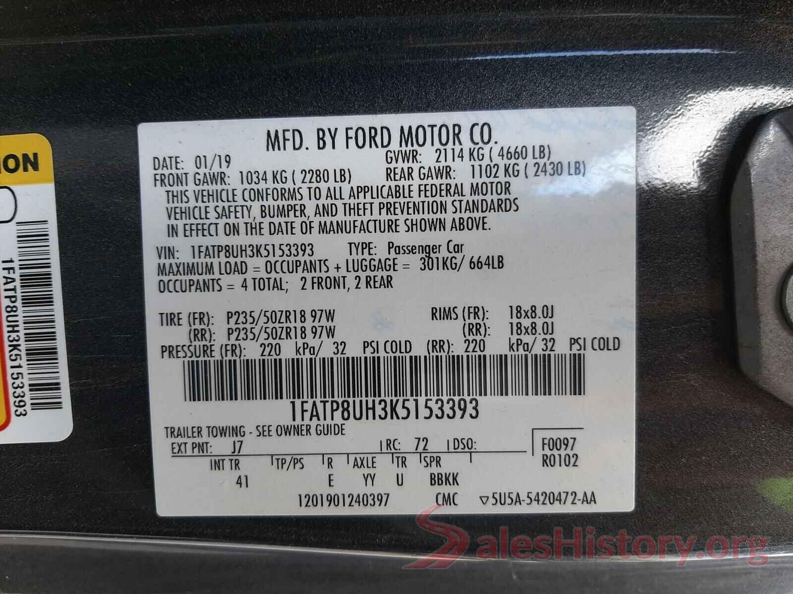 1FATP8UH3K5153393 2019 FORD MUSTANG