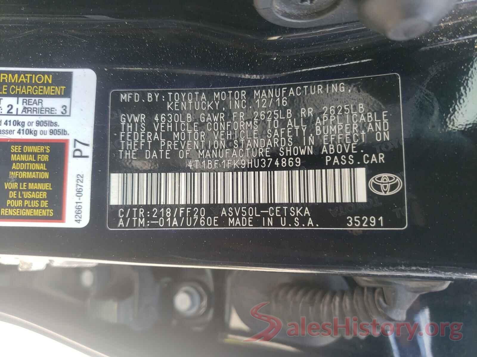 4T1BF1FK9HU374869 2017 TOYOTA CAMRY