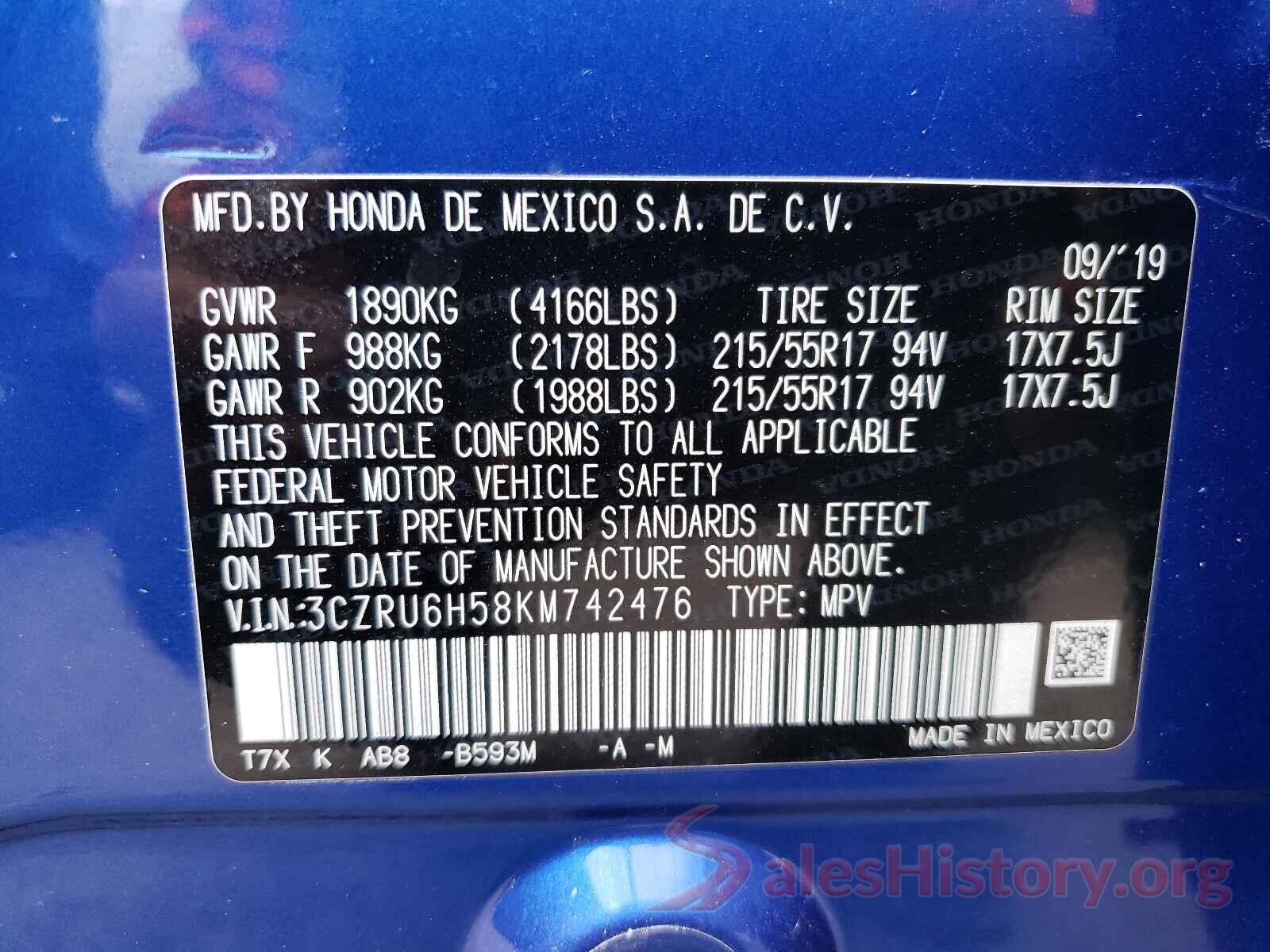 3CZRU6H58KM742476 2019 HONDA HR-V