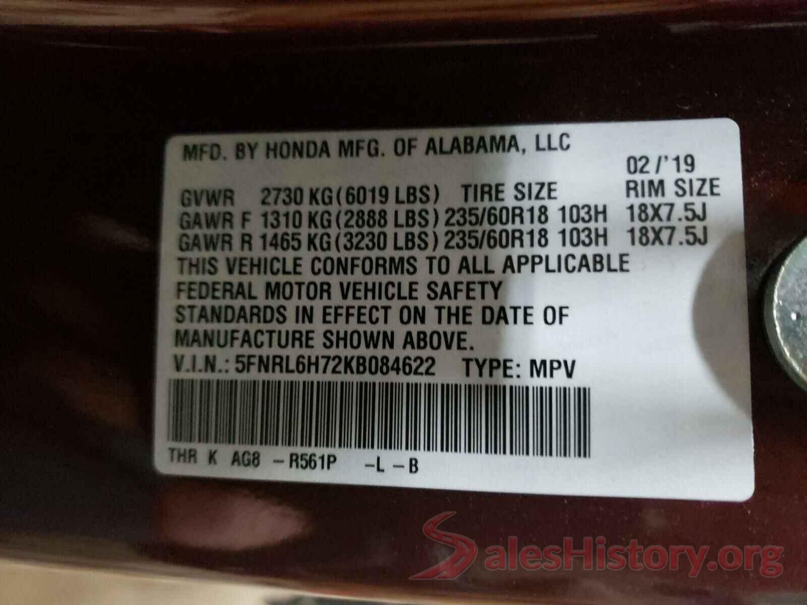 5FNRL6H72KB084622 2019 HONDA ODYSSEY