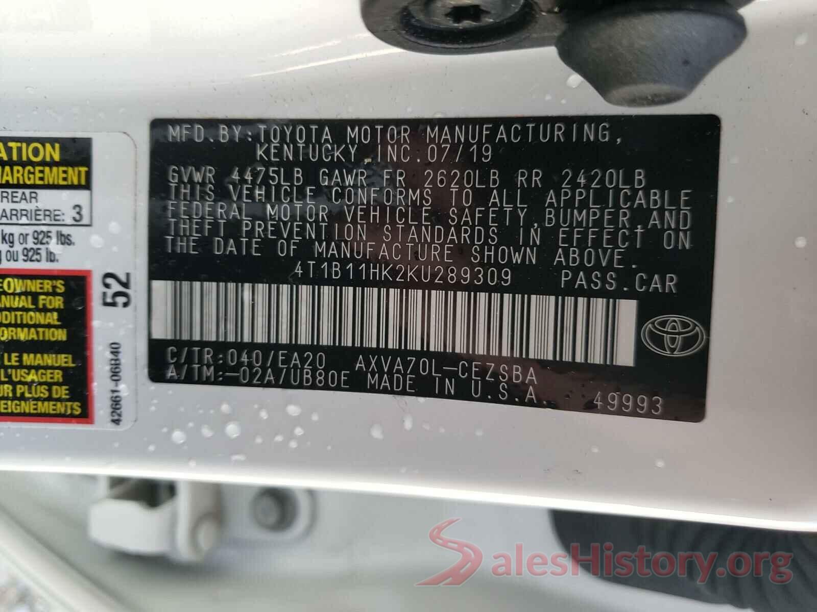 4T1B11HK2KU289309 2019 TOYOTA CAMRY