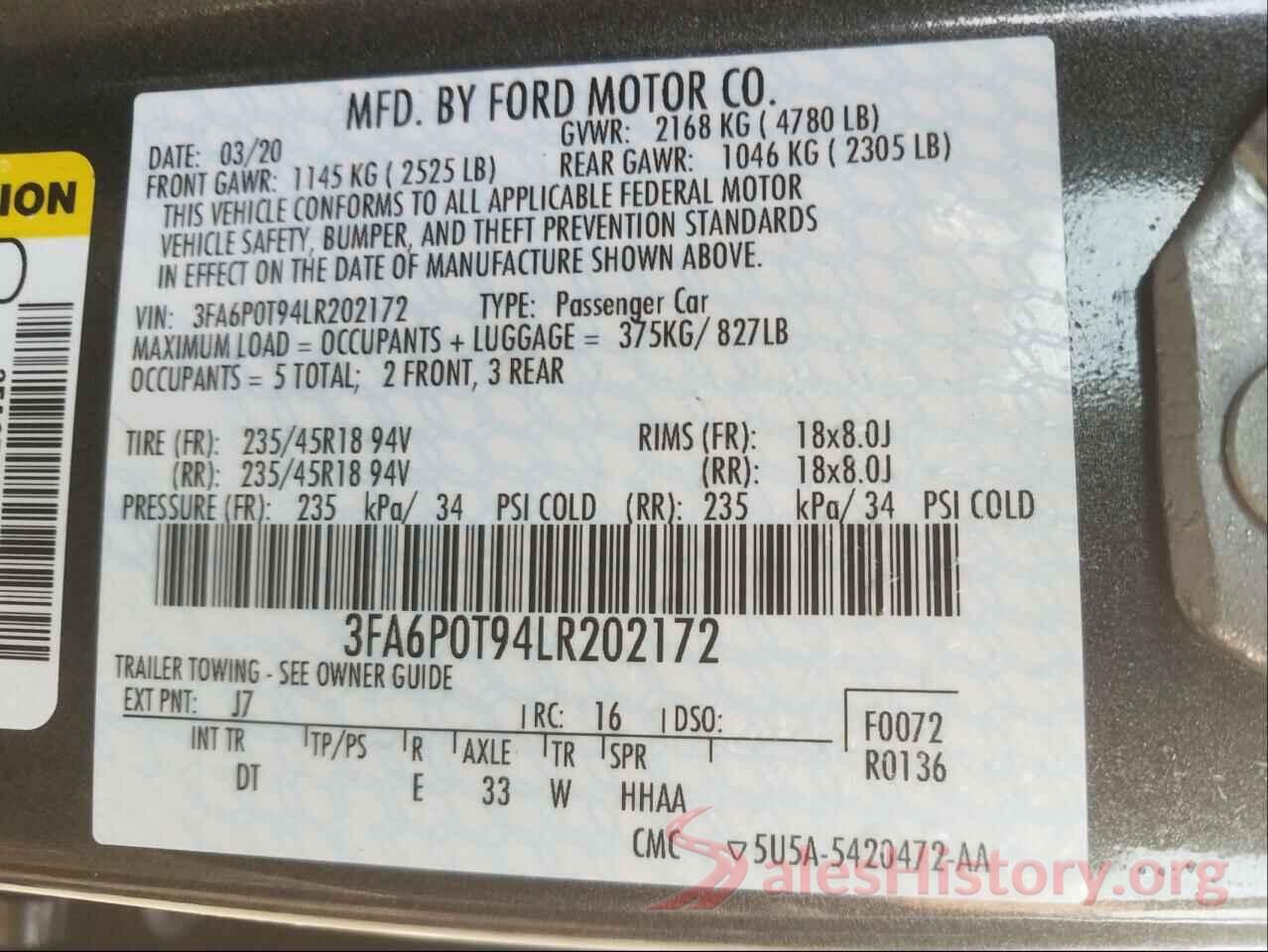 3FA6P0T94LR202172 2020 FORD FUSION