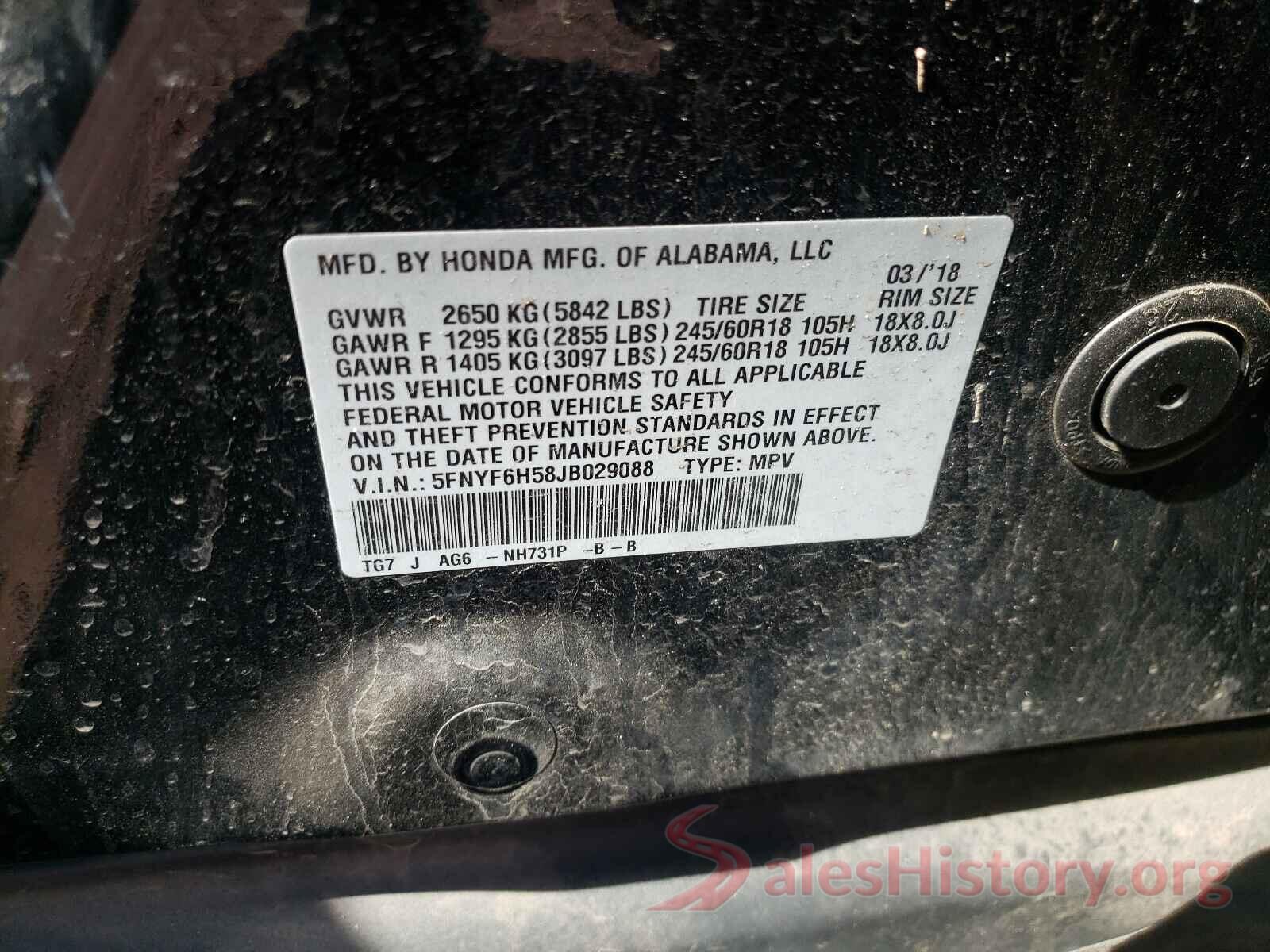 5FNYF6H58JB029088 2018 HONDA PILOT