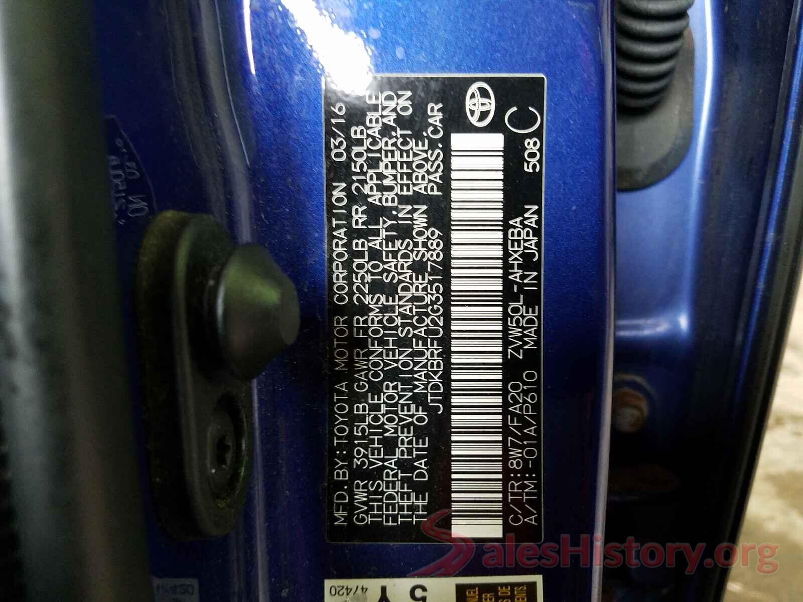 JTDKBRFU2G3517889 2016 TOYOTA PRIUS