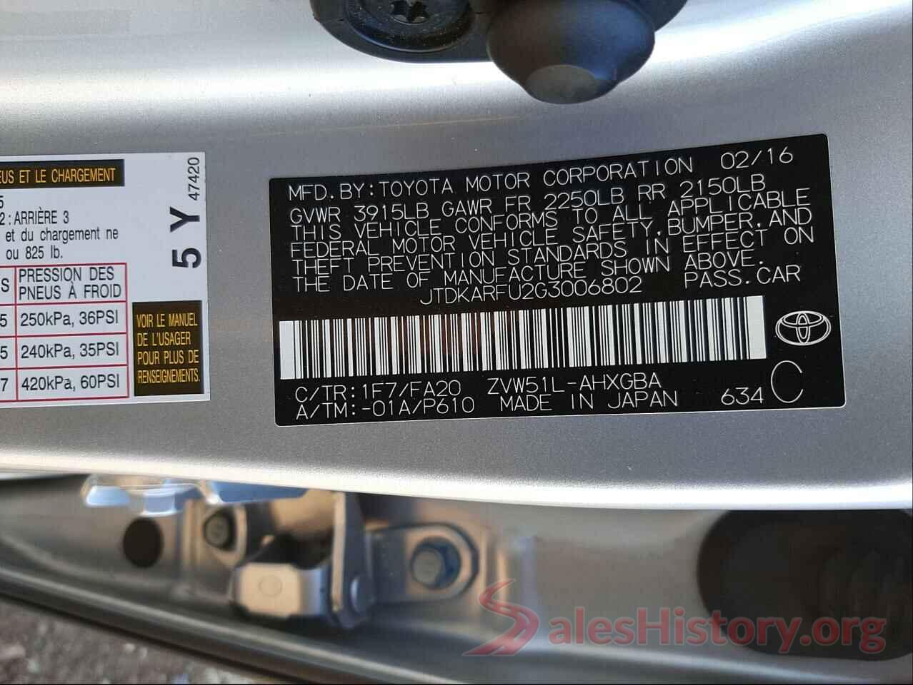 JTDKARFU2G3006802 2016 TOYOTA PRIUS