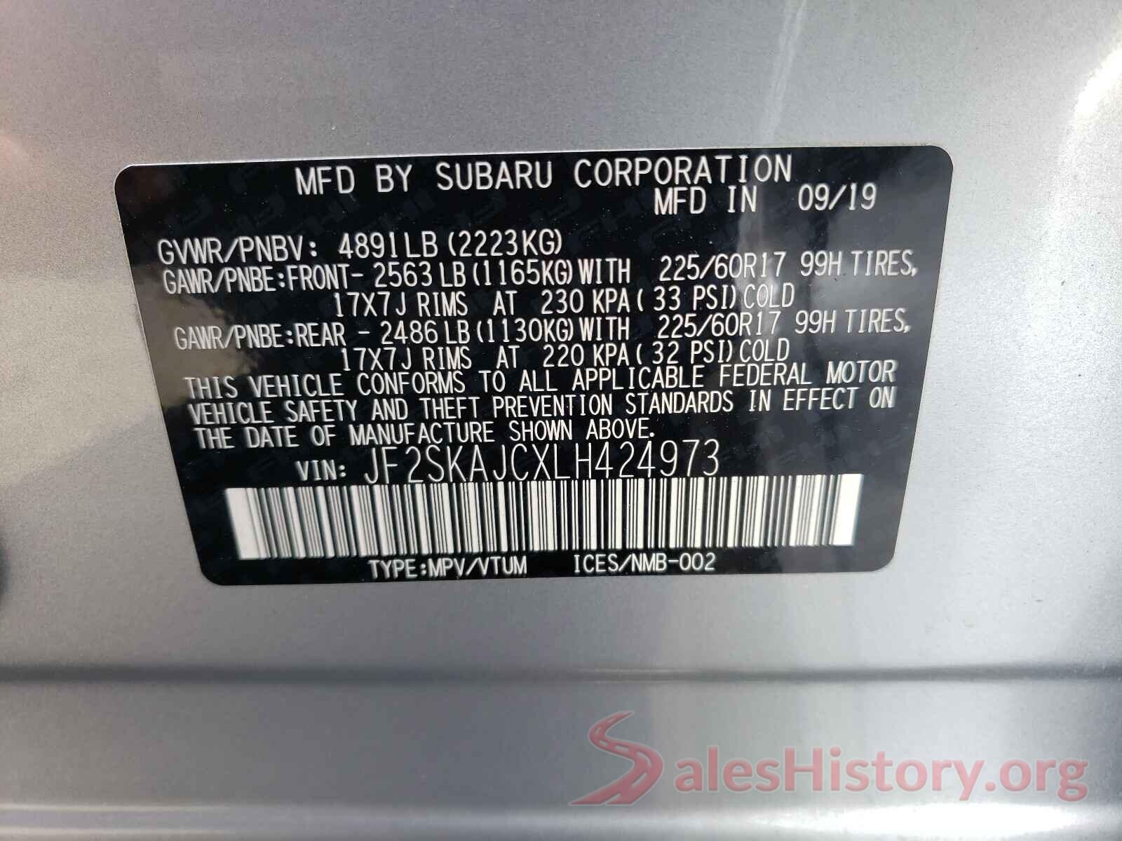 JF2SKAJCXLH424973 2020 SUBARU FORESTER