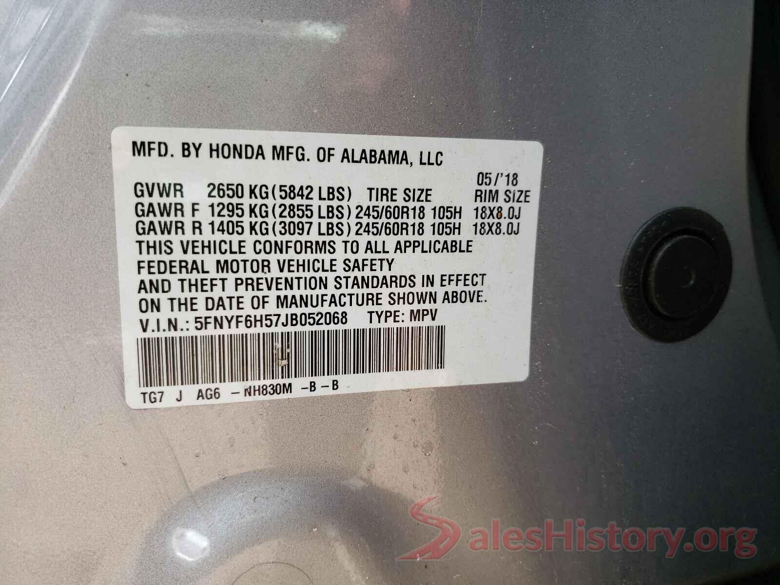 5FNYF6H57JB052068 2018 HONDA PILOT