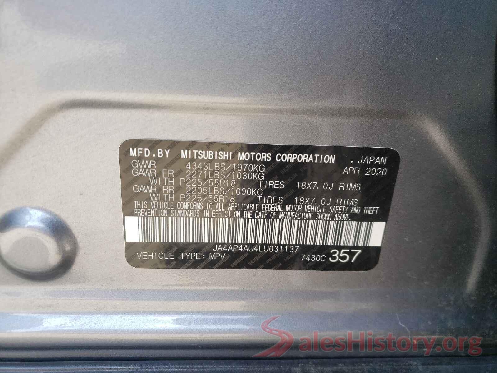 JA4AP4AU4LU031137 2020 MITSUBISHI OUTLANDER