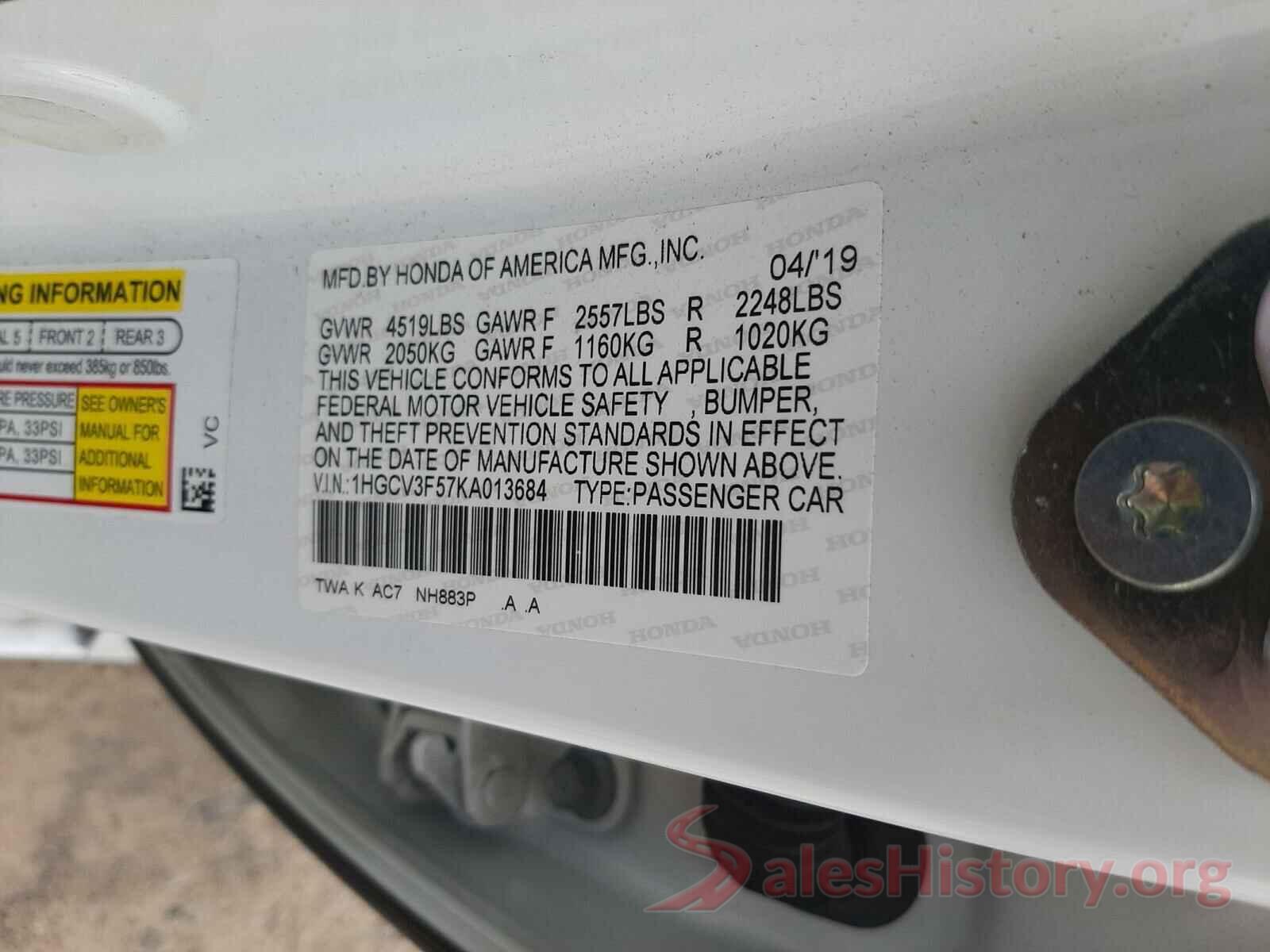 1HGCV3F57KA013684 2019 HONDA ACCORD