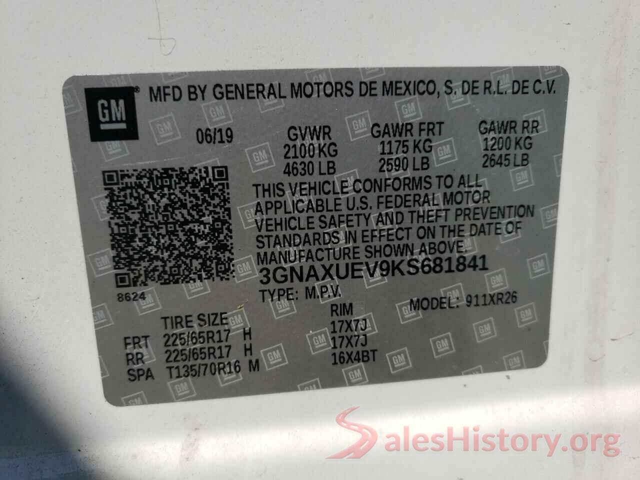 3GNAXUEV9KS681841 2019 CHEVROLET EQUINOX