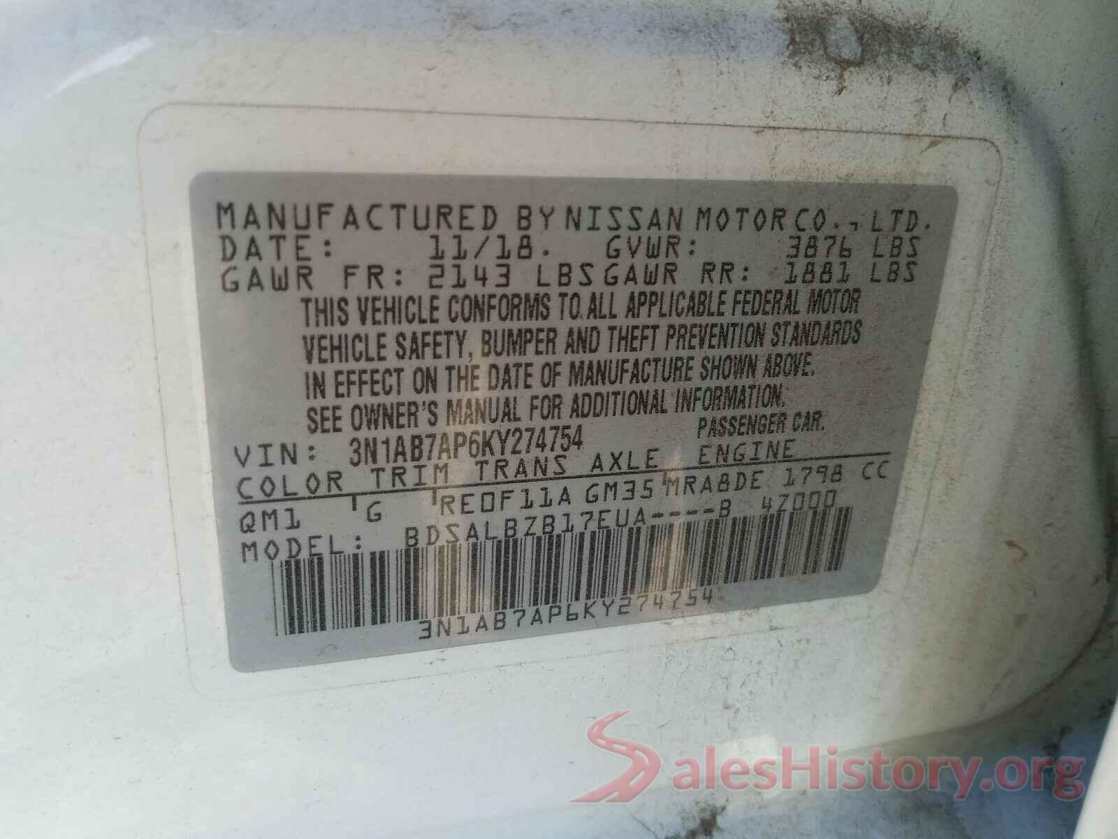 3N1AB7AP6KY274754 2019 NISSAN SENTRA