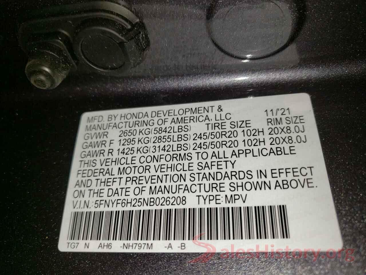 5FNYF6H25NB026208 2022 HONDA PILOT