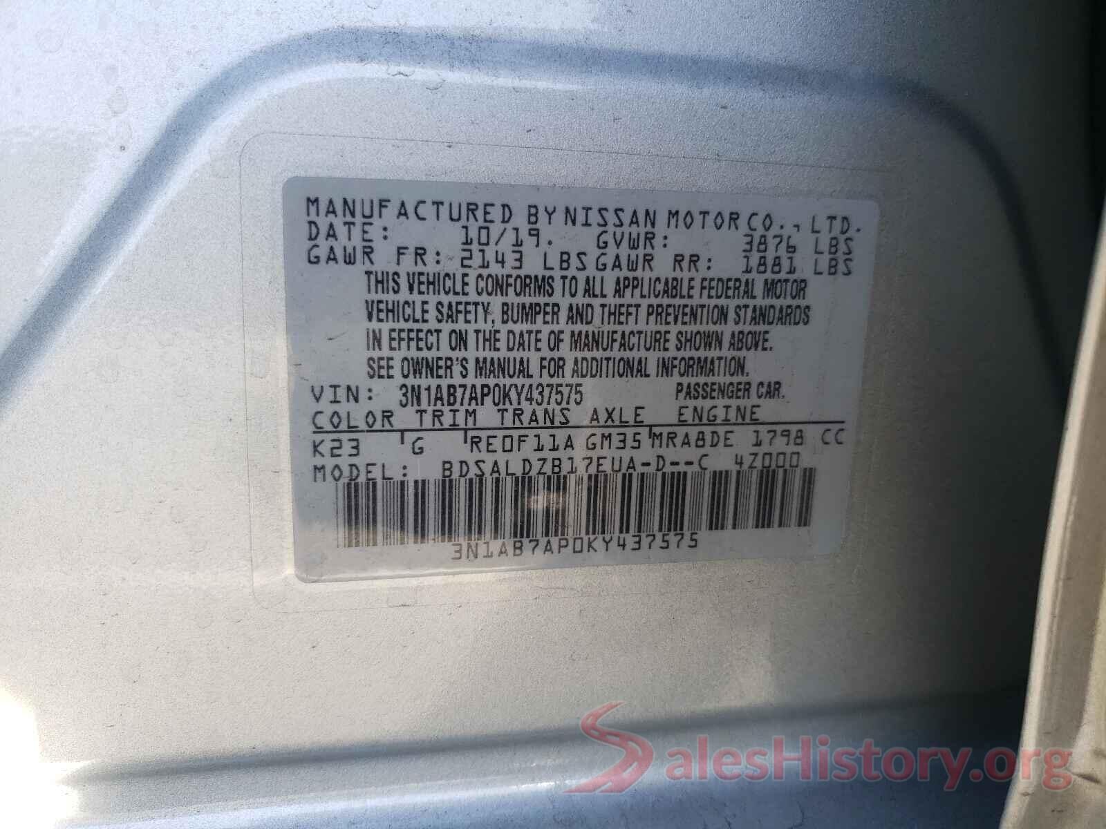 3N1AB7AP0KY437575 2019 NISSAN SENTRA