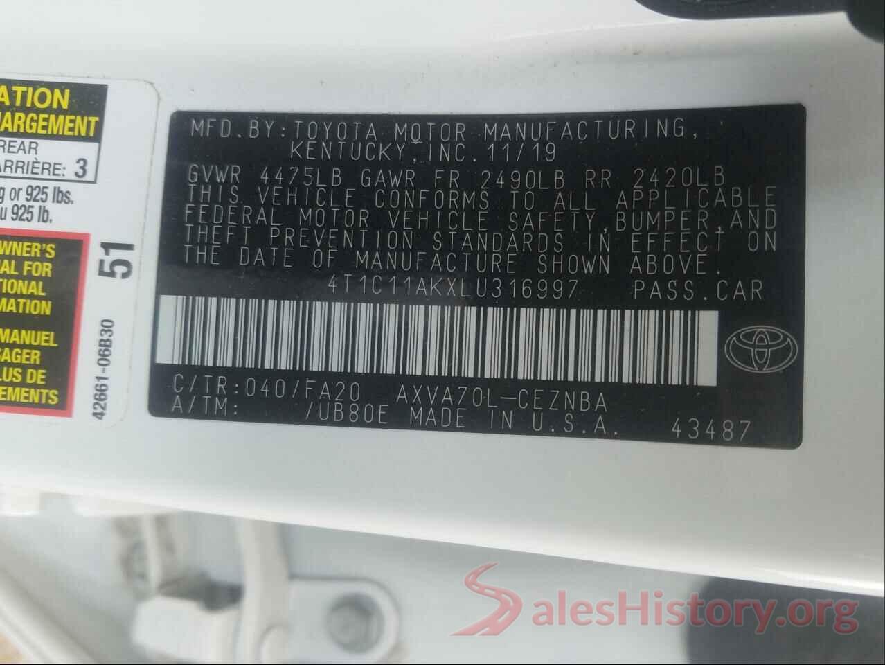 4T1C11AKXLU316997 2020 TOYOTA CAMRY