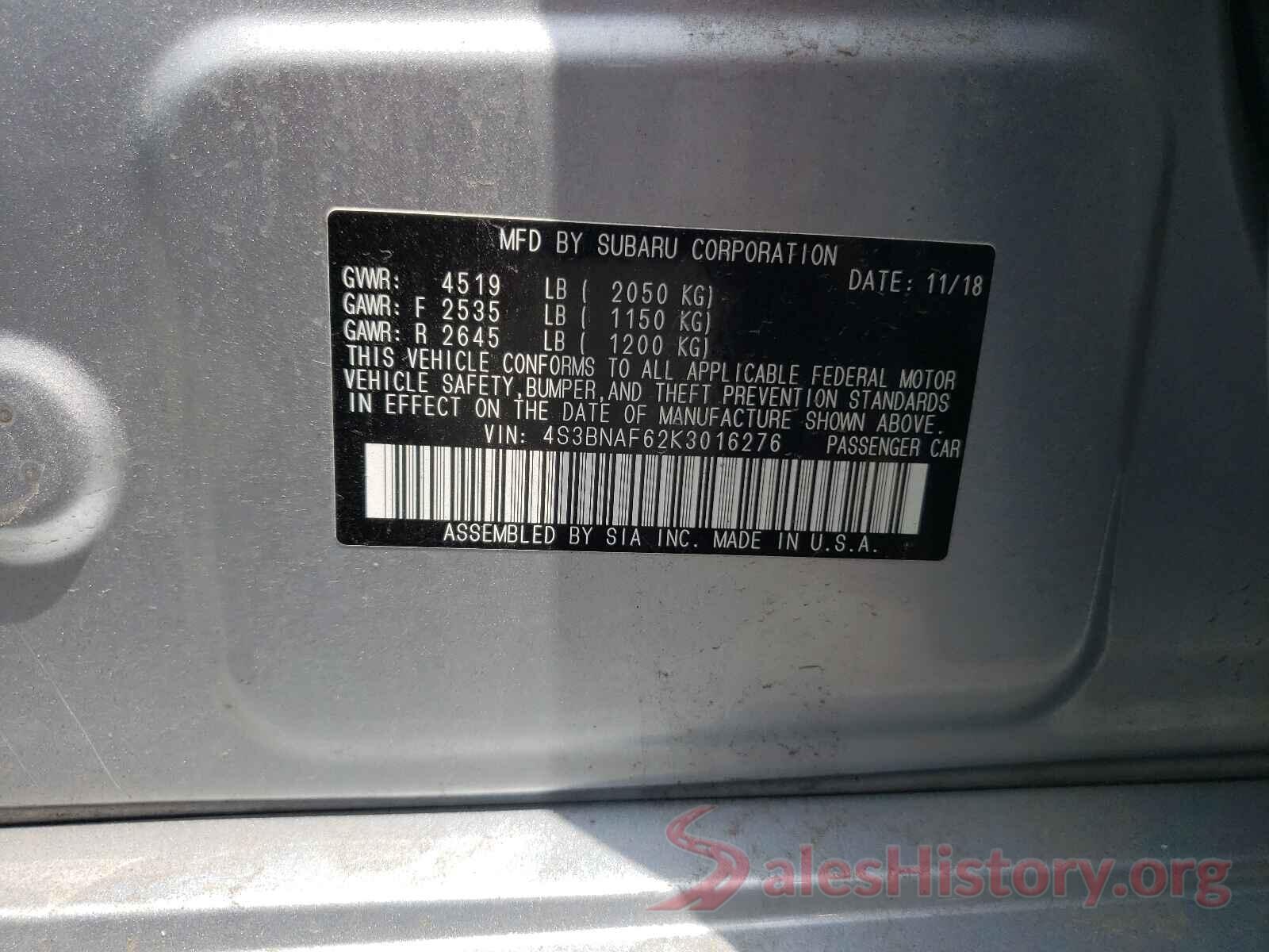 4S3BNAF62K3016276 2019 SUBARU LEGACY