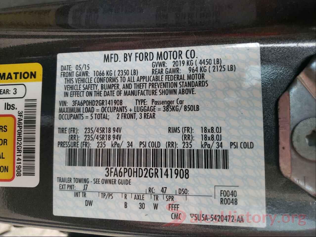 3FA6P0HD2GR141908 2016 FORD FUSION