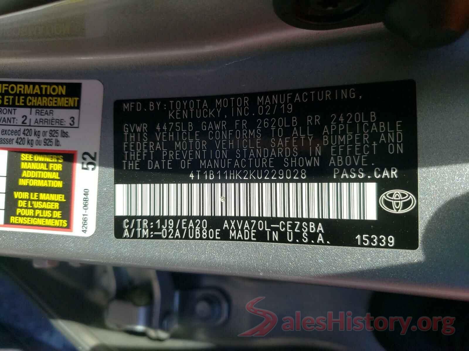 4T1B11HK2KU229028 2019 TOYOTA CAMRY