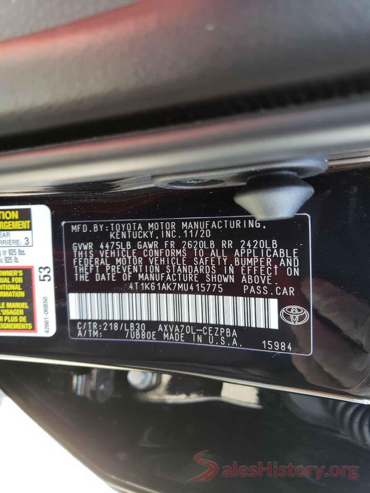 4T1K61AK7MU415775 2021 TOYOTA CAMRY