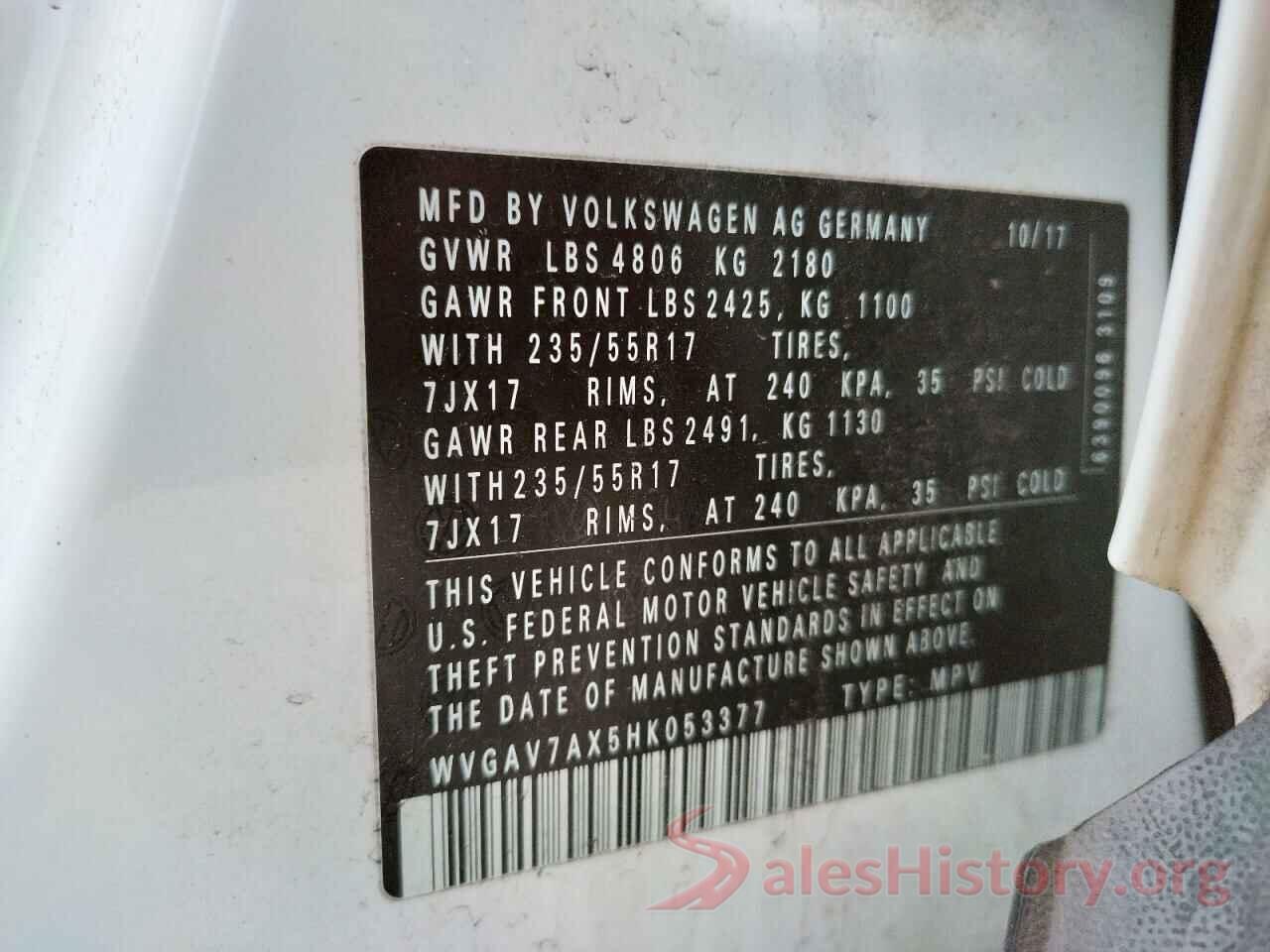 WVGAV7AX5HK053377 2017 VOLKSWAGEN TIGUAN