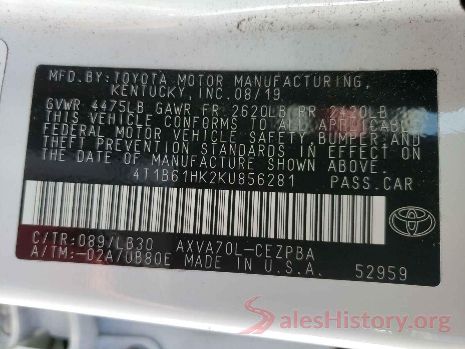 4T1B61HK2KU856281 2019 TOYOTA CAMRY